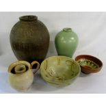 Stoneware flagon, bowls & David Leach st