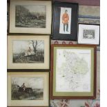 Assorted prints inc hunting scenes & map