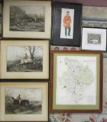 Assorted prints inc hunting scenes & map