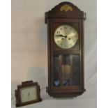 Oak wall clock & small barometer