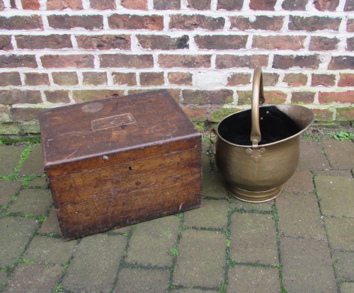 Pine box/crate & brass coal scuttle