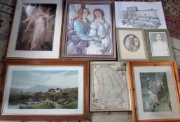 Various prints inc map of Lincolnshire &