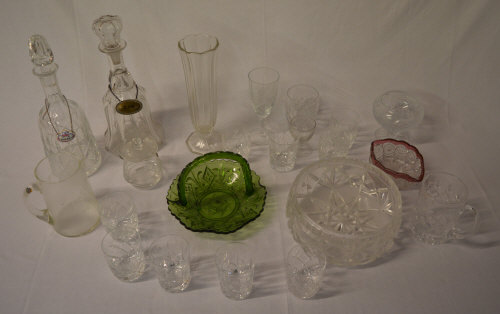 Glassware including a green glass basket