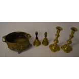 Pair of brass candlesticks, two brass be