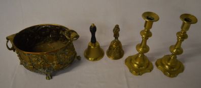 Pair of brass candlesticks, two brass be