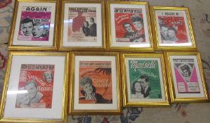 8 framed pictorial sheet music covers in