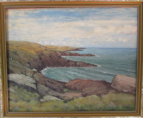 Oil on canvas of a rugged coastline by H