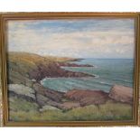 Oil on canvas of a rugged coastline by H