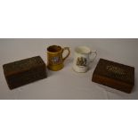 2 treen carved wooden boxes and 2 cerami