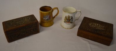 2 treen carved wooden boxes and 2 cerami