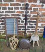 Copper warming pan, carpet beater, washb