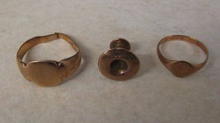 2 9ct rose gold rings (one cut) with shi