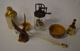 Butter churn, stoneware flagon marked 'O