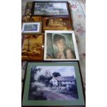 Assorted prints and inlaid wood pictures