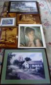 Assorted prints and inlaid wood pictures