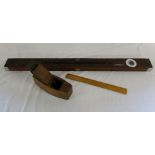 Wooden plane, spirit level & ruler