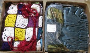 2 boxes containing curtains & crocheted