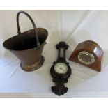 Copper coal bucket, wall barometer & man