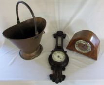 Copper coal bucket, wall barometer & man
