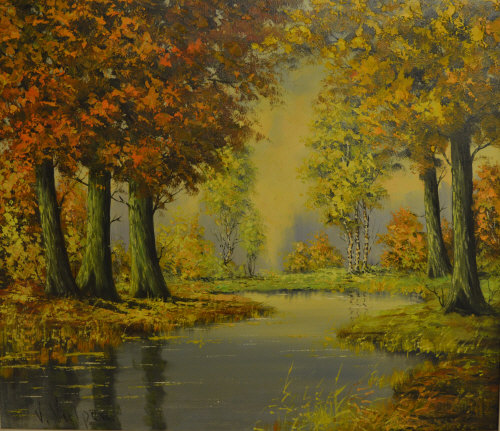 Oil on canvas of a lake scene, 'V Vulpen