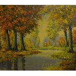 Oil on canvas of a lake scene, 'V Vulpen