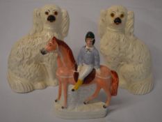 Pair of Staffordshire dogs and a flat ba