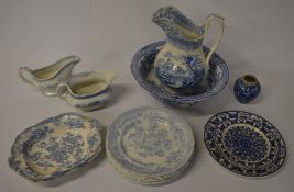 Various blue and white ceramics includin