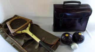 Wooden bowls set and bag & tennis raquet