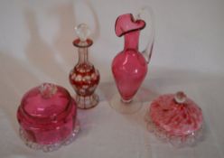 Cranberry glass jug and 3 other pieces o