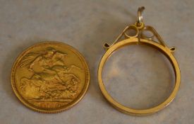 1889 sovereign and a loose 9ct gold moun