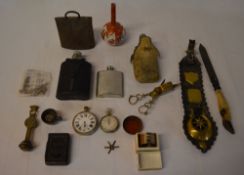 Cow bell, various hip flasks, silver nap