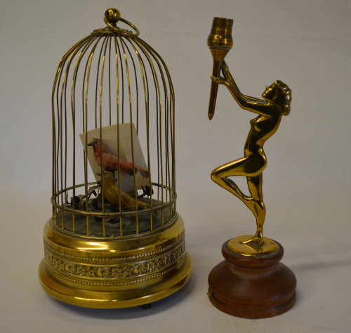 Brass clockwork bird cage (af) and an Ar