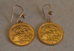 Pair of half sovereign earrings (1912 &