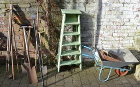 Garden tools, wheel barrow, step ladders