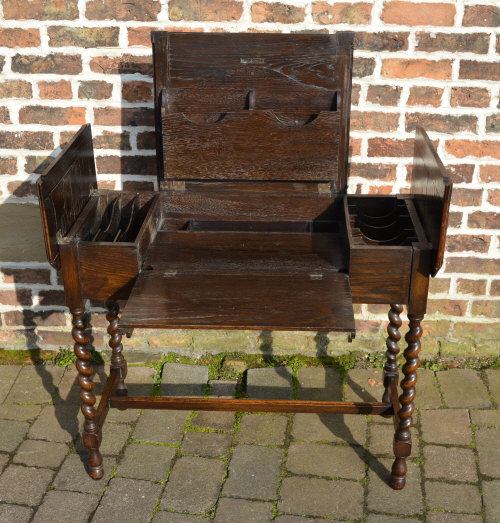 1930s oak writing table with barley twis