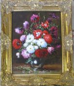 Oil on canvas of a vase of flowers by Ju