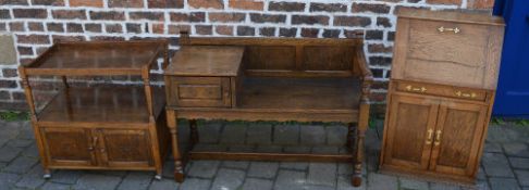 Oak telephone table, small bureau & trol