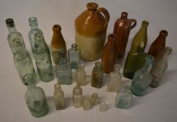 Various glass bottles, codd bottles, gin