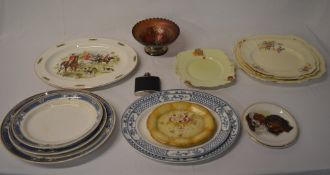 Carnival glass bowl, various meat dishes