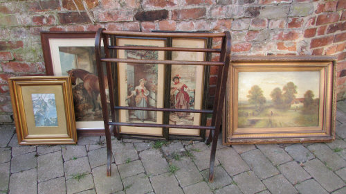 Victorian towel rail, assorted prints an