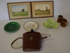 Wedgwood plate, binoculars, Carltonware