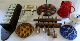 Various kitchenalia inc egg stand & enam