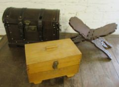 Small trunk, folding stand & a wooden bo