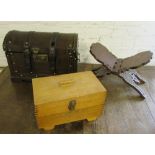 Small trunk, folding stand & a wooden bo