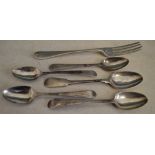 5 silver teaspoons and a silver fork, ap