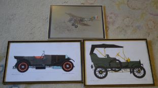 3 framed pictures of cars and an aeropla