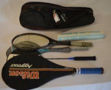 2 tennis racquets, 2 badminton rackets,