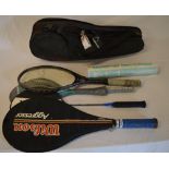 2 tennis racquets, 2 badminton rackets,