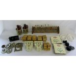 Assorted horse brasses, weights, rack wi