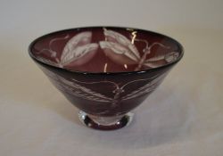 Small glass bowl cased in purple & engra